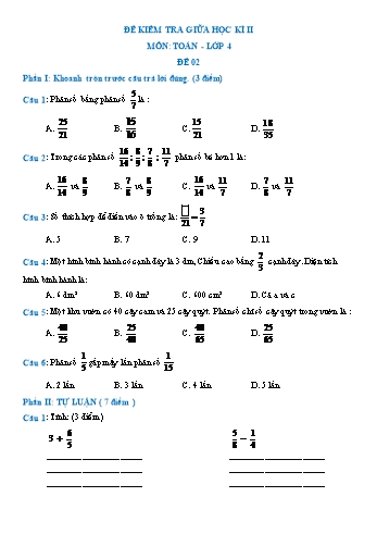 Đề kiểm tra giữa học kì II môn Toán Lớp 4 - Đề 2