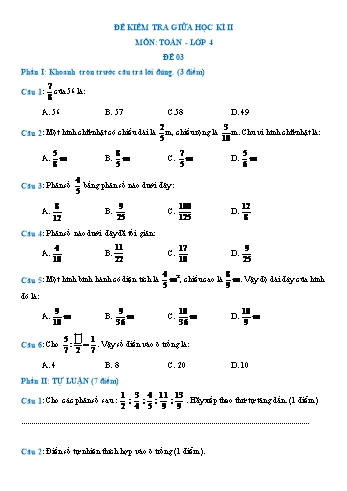 Đề kiểm tra giữa học kì II môn Toán Lớp 4 - Đề 3