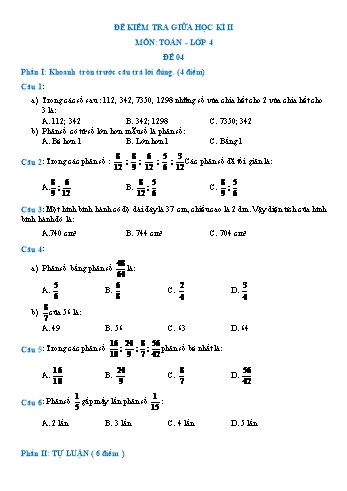 Đề kiểm tra giữa học kì II môn Toán Lớp 4 - Đề 4