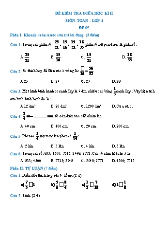 Đề kiểm tra giữa học kì II môn Toán Lớp 4 - Đề 5