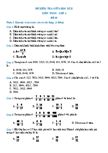 Đề kiểm tra giữa học kì II môn Toán Lớp 4 - Đề 6
