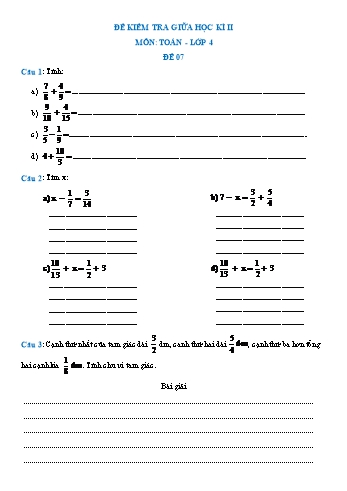 Đề kiểm tra giữa học kì II môn Toán Lớp 4 - Đề 7