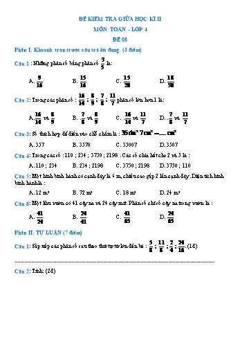 Đề kiểm tra giữa học kì II môn Toán Lớp 4 - Đề 8