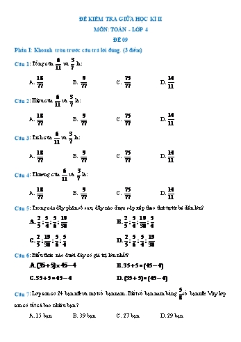 Đề kiểm tra giữa học kì II môn Toán Lớp 4 - Đề 9