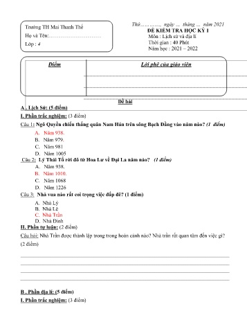 Đề kiểm tra học kỳ I môn Lịch sử và Địa lí Lớp 4 - Năm học 2021-2022 - Trường Tiểu học Mai Thanh Thế (Có đáp án)