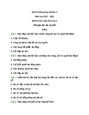 Đề thi chất lượng giữa kì 2 môn Đạo đức Lớp 4 - Năm học 2021-2022 - Đề 2 (Có đáp án)
