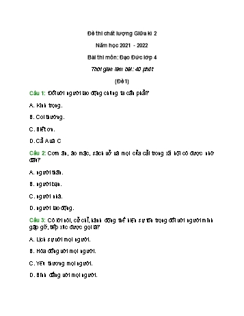 Đề thi chất lượng giữa kì 2 môn Đạo đức Lớp 4 - Năm học 2021-2022 - Đề 1 (Có đáp án)