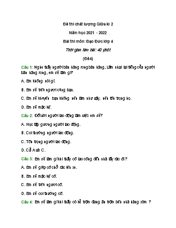 Đề thi chất lượng giữa kì 2 môn Đạo đức Lớp 4 - Năm học 2021-2022 - Đề 4 (Có đáp án)