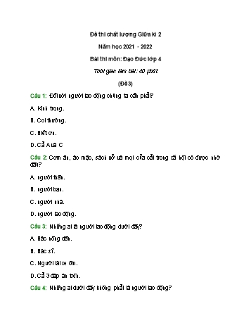 Đề thi chất lượng giữa kì 2 môn Đạo đức Lớp 4 - Năm học 2021-2022 - Đề 3 (Có đáp án)