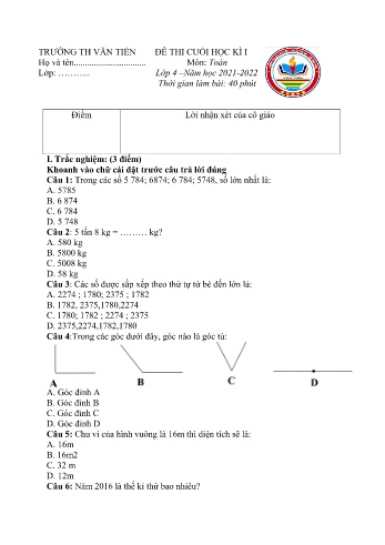 Đề thi cuối học kì I môn Toán Lớp 4 - Năm học 2021-2022 - Trường Tiểu học Văn Tiến (Có đáp án)