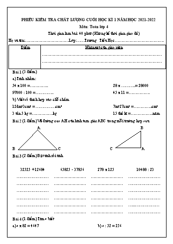 Phiếu kiểm tra chất lượng cuối học kì 1 môn Toán Lớp 4 - Năm học 2021-2022