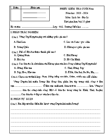 Phiếu kiểm tra cuối năm môn Lịch sử và Địa lí Lớp 4 - Năm học 2023-2024 - Trường Tiểu học Xuân Hương (Có đáp án)