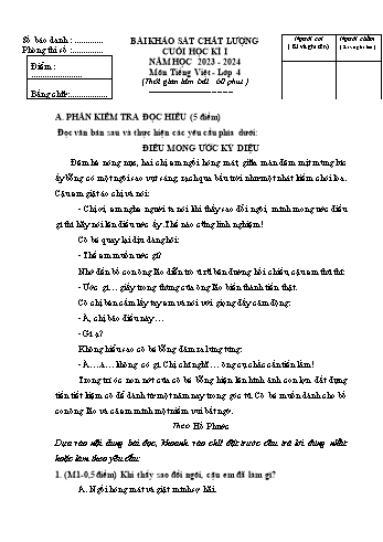Bài khảo sát chất lượng cuối học kì I môn Tiếng Việt Lớp 4 - Năm học 2023-2024 (Có đáp án)