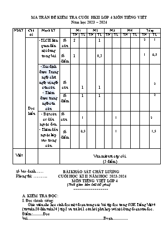 Bài khảo sát chất lượng cuối học kì II môn Tiếng Việt Lớp 4 - Năm học 2023-2024 (Có đáp án)