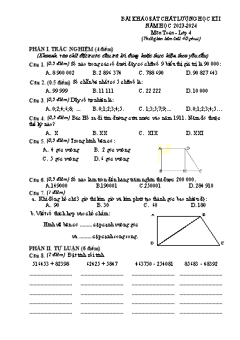 Bài khảo sát chất lượng học kì I môn Toán Lớp 4 - Năm học 2023-2024 (Có đáp án)