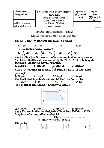 Bài khảo sát chất lượng học kì II môn Toán Lớp 4 - Năm học 2023-2024 - Đề 1 (Có đáp án)