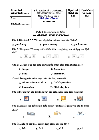 Bài khảo sát cuối học kì II môn Tin học Lớp 4 - Năm học 2023-2024 (Có đáp án)