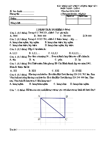 Bài kiểm tra chất lượng học kì I môn Toán Lớp 4 - Năm học 2023-2024 (Có đáp án)