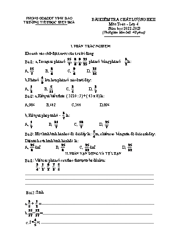 Bài kiểm tra chất lượng học kì II môn Toán Lớp 4 - Năm học 2022-2023 - Trường Tiểu học Hiệp Hòa (Có đáp án)