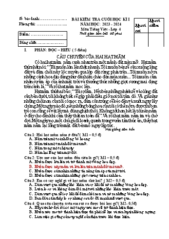Bài kiểm tra cuối học kì I môn Tiếng Việt Lớp 4 - Năm học 2023-2024 - Đề 1 (Có đáp án)