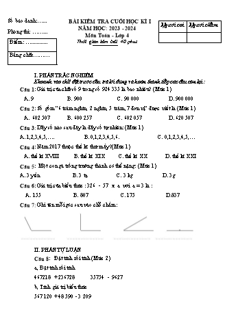 Bài kiểm tra cuối học kì I môn Toán Lớp 4 - Năm học 2023-2024 - Đề 2 (Có đáp án)