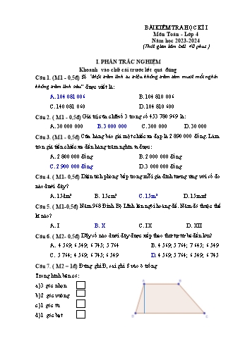 Bài kiểm tra cuối học kì I môn Toán Lớp 4 - Năm học 2023-2024 - Đề 4 (Có đáp án)