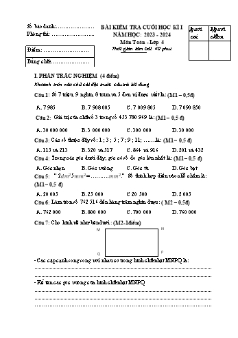Bài kiểm tra cuối học kì I môn Toán Lớp 4 - Năm học 2023-2024 - Đề 1 (Có đáp án)