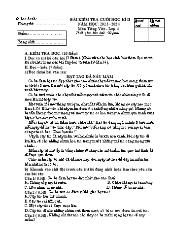 Bài kiểm tra cuối học kì II môn Tiếng Việt Lớp 4 - Năm học 2023-2024 - Trường Tiểu học Vĩnh An