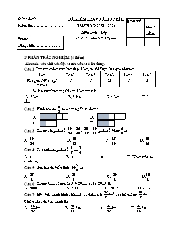 Bài kiểm tra cuối học kì II môn Toán Lớp 4 - Năm học 2023-2024 - Trường Tiểu học Vĩnh An