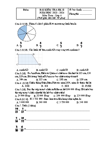 Bài kiểm tra học kì II môn Toán Lớp 4 - Năm học 2023-2024 (Có đáp án)