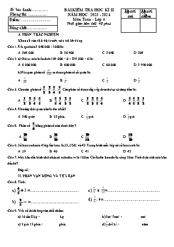 Bài kiểm tra học kì II môn Toán Lớp 4 - Năm học 2023-2024 - Trường Tiểu học Vĩnh An - Đề 1