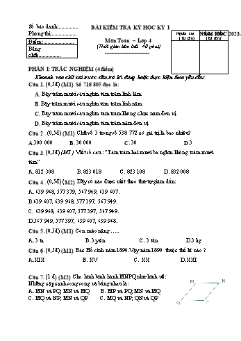 Bài kiểm tra học kỳ I môn Toán Lớp 4 - Năm học 2023-2024 (Có đáp án)