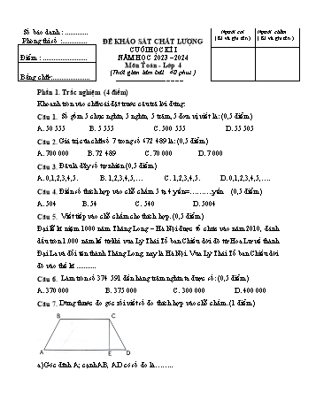 Đề khảo sát chất lượng cuối học kì I môn Toán Lớp 4 - Năm học 2023-2024 (Có đáp án)