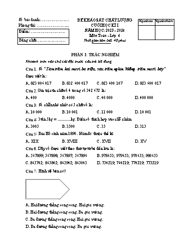 Đề khảo sát chất lượng cuối học kì I môn Toán Lớp 4 - Năm học 2023-2024 - Đề 1 (Có đáp án)