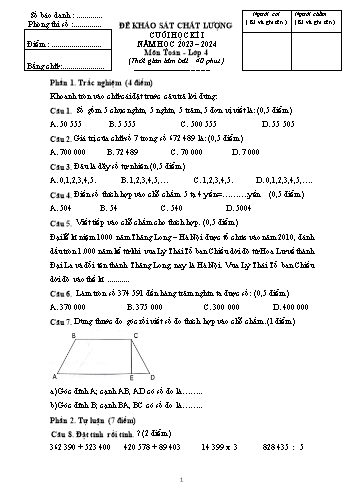 Đề khảo sát chất lượng cuối học kì I môn Toán, Tiếng Việt Lớp 4 - Năm học 2023-2024 (Có đáp án)