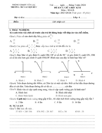 Đề khảo sát chất lượng giữa học kì II môn Toán Lớp 4 - Năm học 2023-2024 - Trường Tiểu học Nguyệt Đức (Có đáp án)