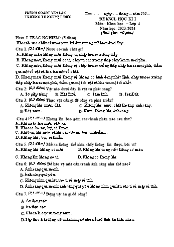 Đề khảo sát chất lượng học kì I môn Khoa học Lớp 4 - Năm học 2023-2024 - Trường Tiểu học Nguyệt Đức