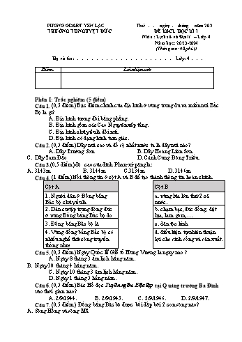 Đề khảo sát chất lượng học kì I môn Lịch sử và Địa lí Lớp 4 - Năm học 2023-2024 - Trường Tiểu học Nguyệt Đức (Có đáp án)