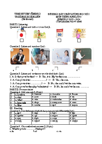 Đề khảo sát chất lượng học kì I môn Tiếng Anh Lớp 4 - Năm học 2023-2024 - Trường Tiểu học Tân Liên