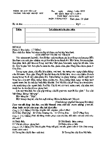 Đề khảo sát chất lượng học kì I môn Tiếng Việt Lớp 4 - Năm học 2022-2023 - Trường Tiểu học Nguyệt Đức