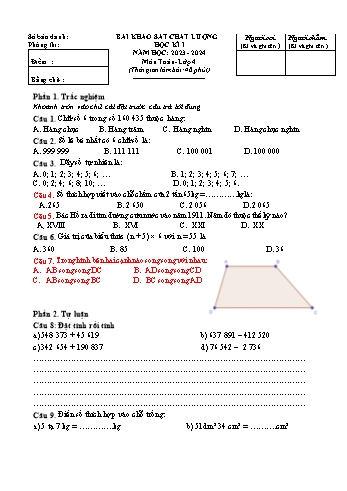 Đề khảo sát chất lượng học kì I môn Toán Lớp 4 - Năm học 2023-2024 - Đề 1 (Có đáp án)