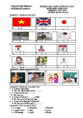 Đề khảo sát chất lượng học kỳ I môn Tiếng Anh Lớp 4 - Năm học 2023-2024 - Trường Tiểu học Tam Đa (Có đáp án)