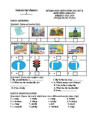 Đề khảo sát chất lượng học kỳ II môn Tiếng Anh Lớp 4 - Năm học 2023-2024 - Trường Tiểu học Việt Tiến (Có file nghe + đáp án)
