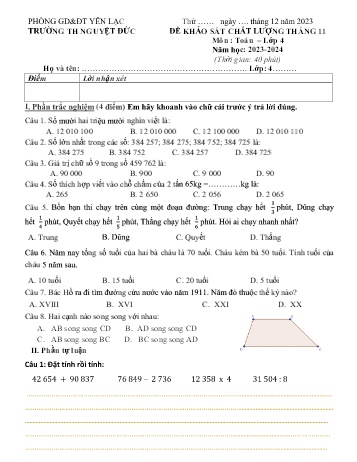 Đề khảo sát chất lượng tháng 11 môn Toán Lớp 4 - Năm học 2023-2024 - Trường Tiểu học Nguyệt Đức (Có đáp án)