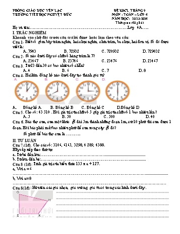 Đề khảo sát chất lượng tháng 9 môn Toán Lớp 4 - Năm học 2023-2024 - Trường Tiểu học Nguyệt Đức