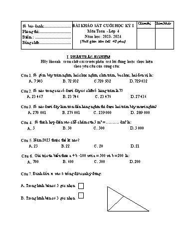 Đề khảo sát cuối học kỳ I môn Toán Lớp 4 - Năm học 2023-2024 (Có đáp án)
