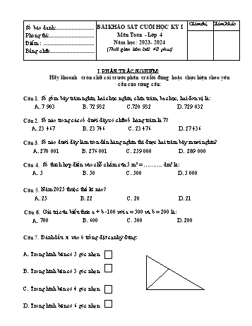 Đề khảo sát cuối học kỳ I môn Toán, Tiếng Việt Lớp 4 - Năm học 2023-2024 (Có đáp án)