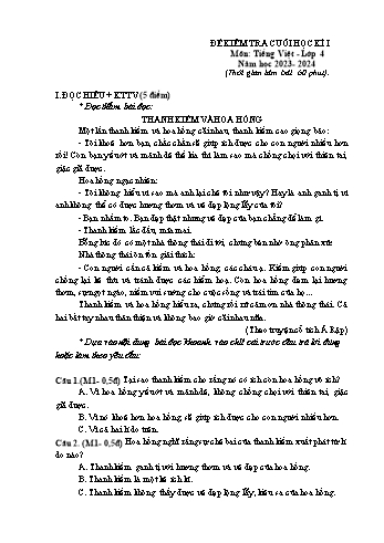 Đề kiểm tra cuối học kì I môn Tiếng Việt Lớp 4 - Năm học 2023-2024 - Đề 1 (Có đáp án)