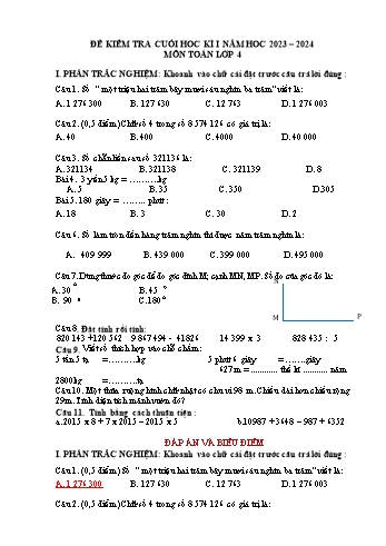 Đề kiểm tra cuối học kì I môn Toán Lớp 4 - Năm học 2023-2024 (Có đáp án)