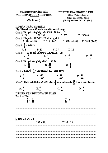 Đề kiểm tra cuối học kì II môn Toán Lớp 4 - Năm học 2023-2024 - Trường Tiểu học Hiệp Hòa (Có đáp án)